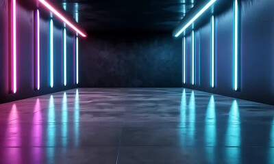 Wall Mural - Neon lights illuminate a dark hallway with a concrete floor.