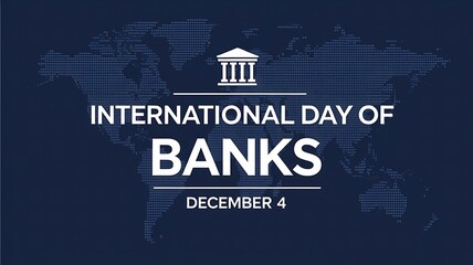Minimalist, Professional Design Celebrating International Day of Banks with Bank Icon, World Map, and Bold Text on Navy Blue Background