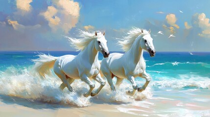 Two white horses gallop along a sandy beach with foamy waves.