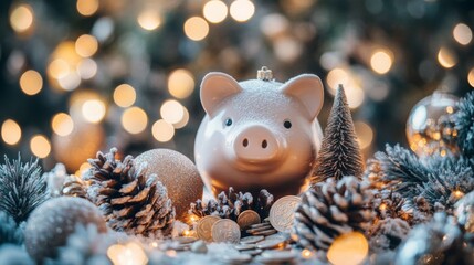 Poster - A white piggy bank with a gold star sits among Christmas decorations, including a small Christmas tree, pine cones, ornaments, and a pile of coins.