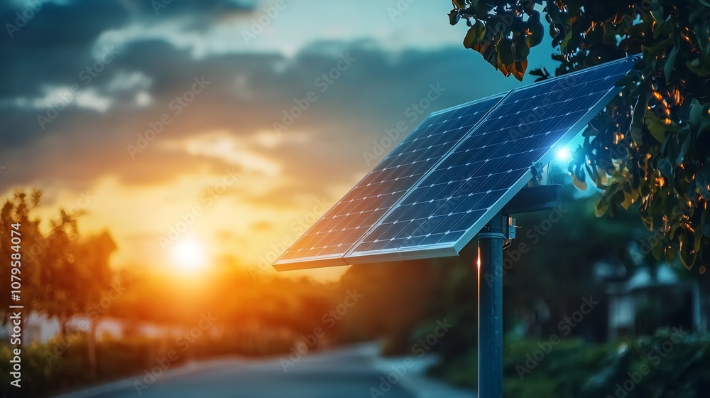 Illuminated solar powered street sign mockup against a scenic natural ...