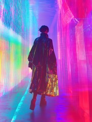 Wall Mural - A figure walks through a vibrant, illuminated space filled with colorful light reflections.