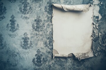 Poster - A section of peeling wallpaper revealing a blank space on a textured wall.