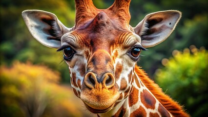 Wall Mural - A close-up portrait of a giraffe's face, highlighting its large, expressive eyes and intricate patterns of its coat, a gentle and curious expression captured in the moment.