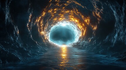 Wall Mural - the dark rock tunnel with light illuminated in the end 3d rendering