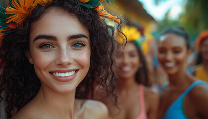 Wall Mural - Smiling women looking at camera, cheerful summer fun generated by AI