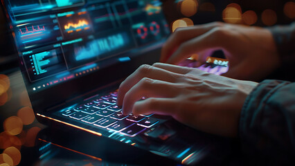 Hands typing on a laptop keyboard with code on screen