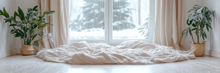 Wall Mural - A cozy, minimalist room with a bed on the floor and plants, featuring a snowy view outside.