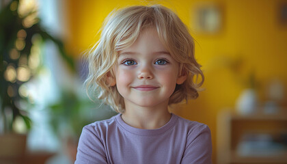 Wall Mural - Smiling child with blond hair looking at camera generated by AI