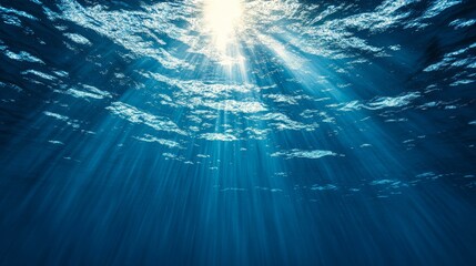 Wall Mural - sunbeams penetrate the surface of the ocean, creating a mesmerizing underwater scene.