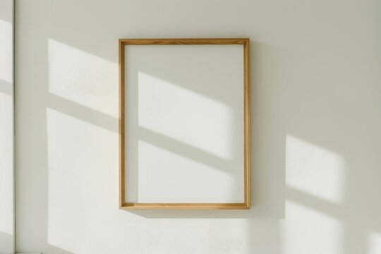 empty wooden frame on a white wall with natural sunlight shadows.