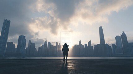 Wall Mural - Silhouette of a person against a city skyline at sunset, evoking contemplation and solitude.