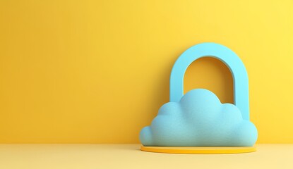 Poster - Blue cloud arch and yellow podium on a yellow background.