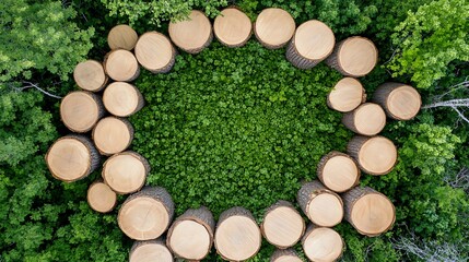 Wall Mural - Aerial View of Tree Stumps Arranged in a Circle Surrounded by Lush Green Foliage