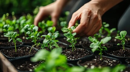 Close up view of hands planting seedlings in soil of an indoor vertical farm showcasing sustainable green agriculture and eco friendly farming practices