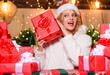 © be free - Girl ready for celebration. Gifts integral part of new year celebration. Intrigued concept. Festive mood. Beautiful wrapped gifts. December happy moments. Happy woman and bunch of gifts boxes