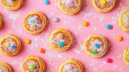 Canvas Print - Mini Dutch pancakes topped with vibrant powdered sugar and candy Flat lay overhead view with plenty of empty space for your text