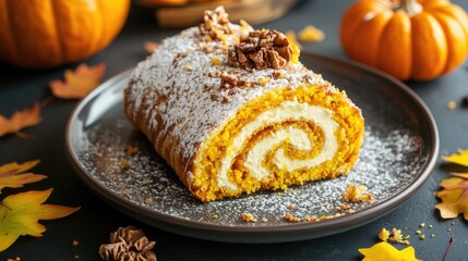 Canvas Print - Pumpkin roll dessert served on a plate against a dark backdrop