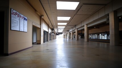 Poster - A spacious, empty corridor with skylights and job listings on the wall.