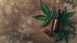 © Seyyar - Top view of a cannabis leaf next to a dropper bottle against a brown backdrop highlighting its natural healing attributes