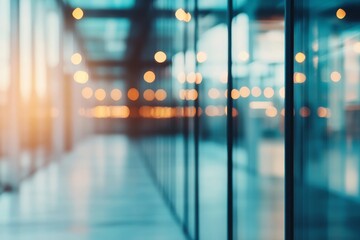 Abstract blurred background of an office interior with glass walls and warm lighting.