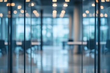 Poster - Abstract blurry background of modern office interior with glass walls and ceiling lights.