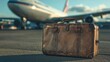 © Seyyar - A vintage leather suitcase rests in front of an airplane at the airport embodying the spirit of travel
