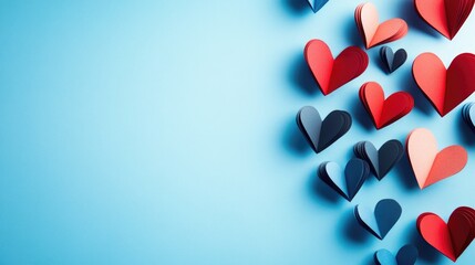 Wall Mural - Valentine s day backdrop featuring paper hearts against a blue surface