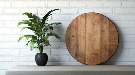 Wall Mural - Round wooden board placed on a tabletop alongside a houseplant against a white brick wall High quality image