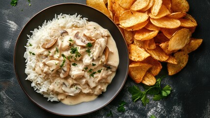 Wall Mural - Chicken stroganoff served with rice and crispy chips Area available for additional text