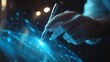 © Engineer Jahid - human hand holding pen and working with digital data hologram.