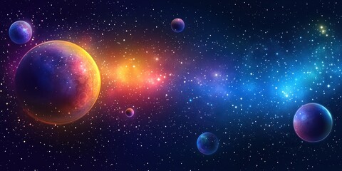 Sticker - a vibrant digital illustration of a cosmic scene with planets and colorful nebulae.