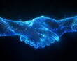 © Itsaree  - Digital business handshake with glowing hands, set against a blue tech background, symbolizing collaboration, innovation, and modern business solutions