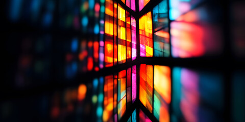 Wall Mural - Colorful Stained Glass Light Reflection - Vibrant Abstract Bokeh Effect on black background.