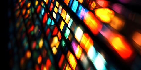 Wall Mural - Colorful Stained Glass Light Reflection - Vibrant Abstract Bokeh Effect on black background.