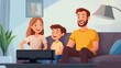 © Julia - Smiling Caucasian family sitting on the couch and watching a comedy on the TV