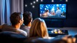 © Julia - Smiling Caucasian family sitting on the couch and watching a comedy on the TV