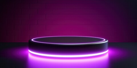 Poster - Black Round Platform with Neon Purple Light in Front of Purple Brick Wall