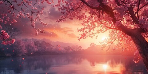 Wall Mural - Sunrise Over a Blossoming Cherry Tree in a Spring Park