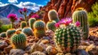 © Pluto - A vibrant display of cacti blooming with pink flowers amongst a bed of smooth rocks in a sun-drenched desert landscape