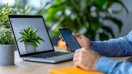 Wall Mural - workspace with laptop and smartphone surrounded by lush greenery and modern minimal design represent