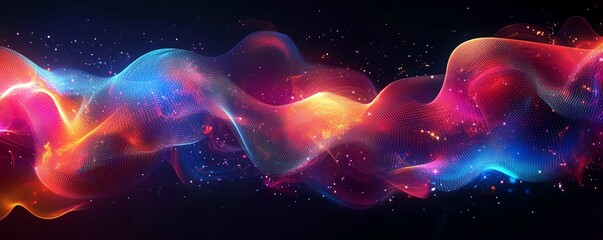 Fototapete - Futuristic geometric shapes in neon colors, glowing lights and dynamic structures floating in cyberspace, creating an immersive and otherworldly digital environment