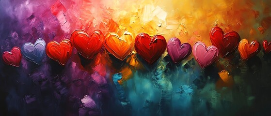 Poster - Vibrant 2D abstract art featuring a burst of colorful hearts, radiant reds, pinks, and purples exploding across the canvas, dynamic and emotional design