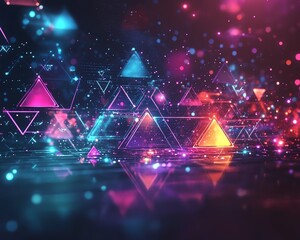 Fototapete - Abstract geometric forms glowing in neon colors, floating in cyberspace with dynamic digital lights, vibrant hues of pink, blue, and green creating a hightech, futuristic scene