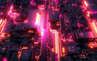 Aufkleber - 3D rendering of a computer motherboard with glowing, futuristic circuits and patterns, symbolizing digital communication, modern technology, and the future of computing
