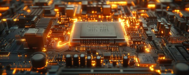 Poster - 3D visualization of a futuristic computer motherboard, glowing circuits and intricate patterns symbolizing the backbone of digital communication and advanced technology