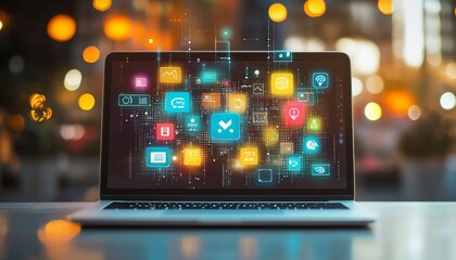 Poster - A laptop with colorful digital icons and apps hovering above, representing the digital world of online connectivity, communication, and modern technology in vibrant colors