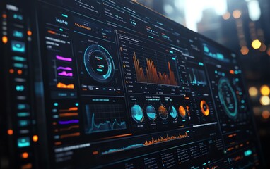 Leinwandbilder - Advanced hightech control dashboard displaying realtime performance charts, analytics, and data visualization in a futuristic industrial environment