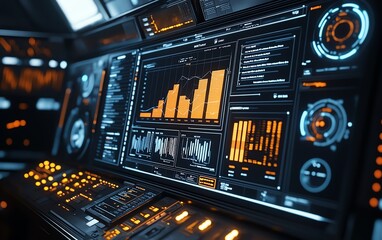 Poster - Advanced hightech control dashboard displaying realtime performance charts, analytics, and data visualization in a futuristic industrial environment