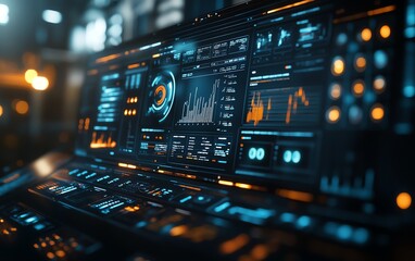 Poster - Advanced hightech control dashboard displaying realtime performance charts, analytics, and data visualization in a futuristic industrial environment